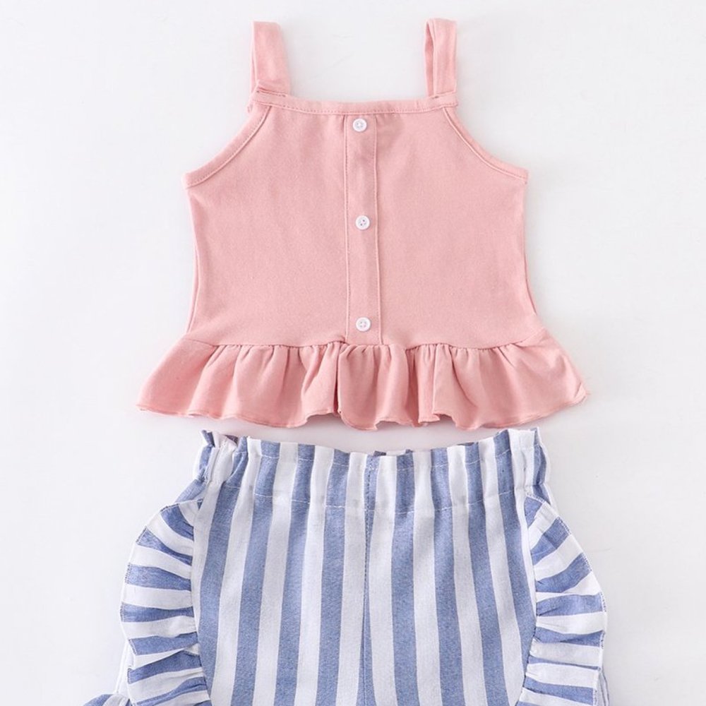 Pink Ruffle Tank with Blue & White Striped Shorts